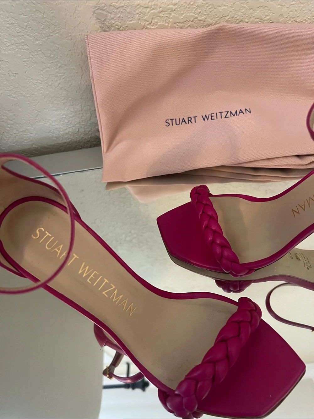 Stuart Weitzman Hot Pink Braided Strap Stiletto Sandals